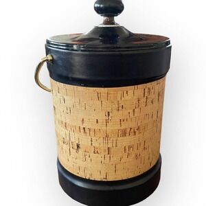 60s Kraftware Cork MCM Ice Bucket Insulated Brass Handle Faux Leather Tiki Bar